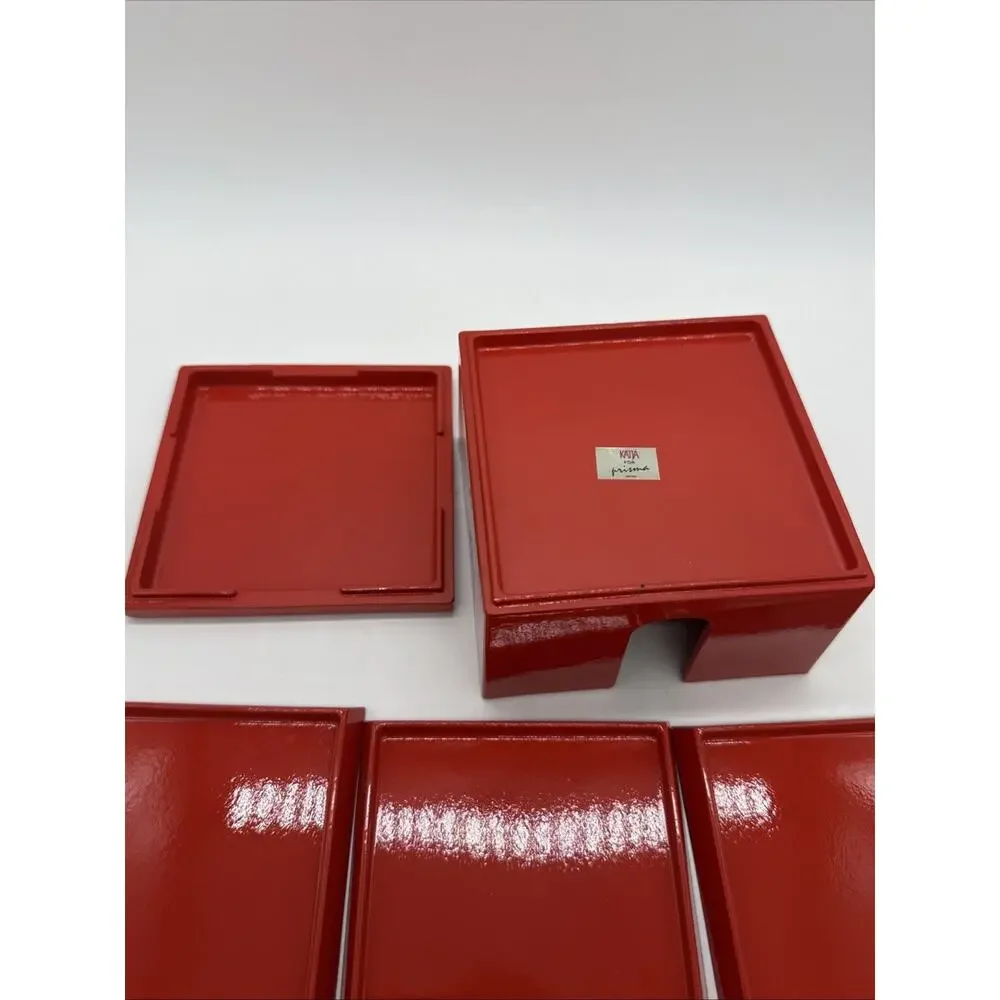 Vintage Katja for Prisma Japan Red Lacquer Coaster Set Box 7pc MCM Paint Wear